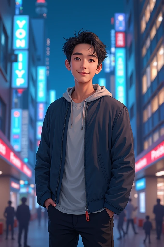 create a realistic image of a Japanese man with black hair, smooth ass, 小柄, Jovial appearance, light skin tone, brown dark eyes. standing showing the whole body,  on a background with Tokyo buildings in neon blue colors  