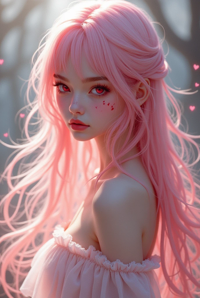 Girl with soft pink long hair, red eyes. She is wearing a short dress. Heart tattoo on cheek.