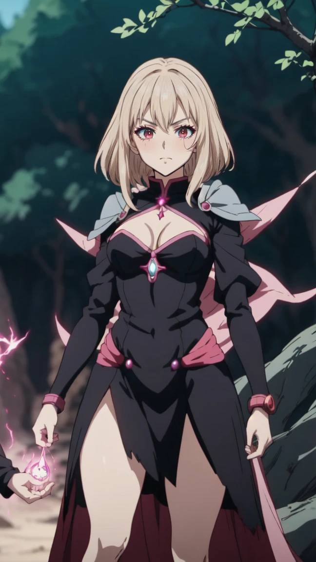 anime screencap, 1 adult girl, dark sorceress witch, magic battle scene, powerful sorcery technique, anime tv, anime fantasy shonen, dark fantasy, magic skill, pink fire skeletons, cellshading: anime cellshading, cellshading technique, anime shonen style, mirada psycho