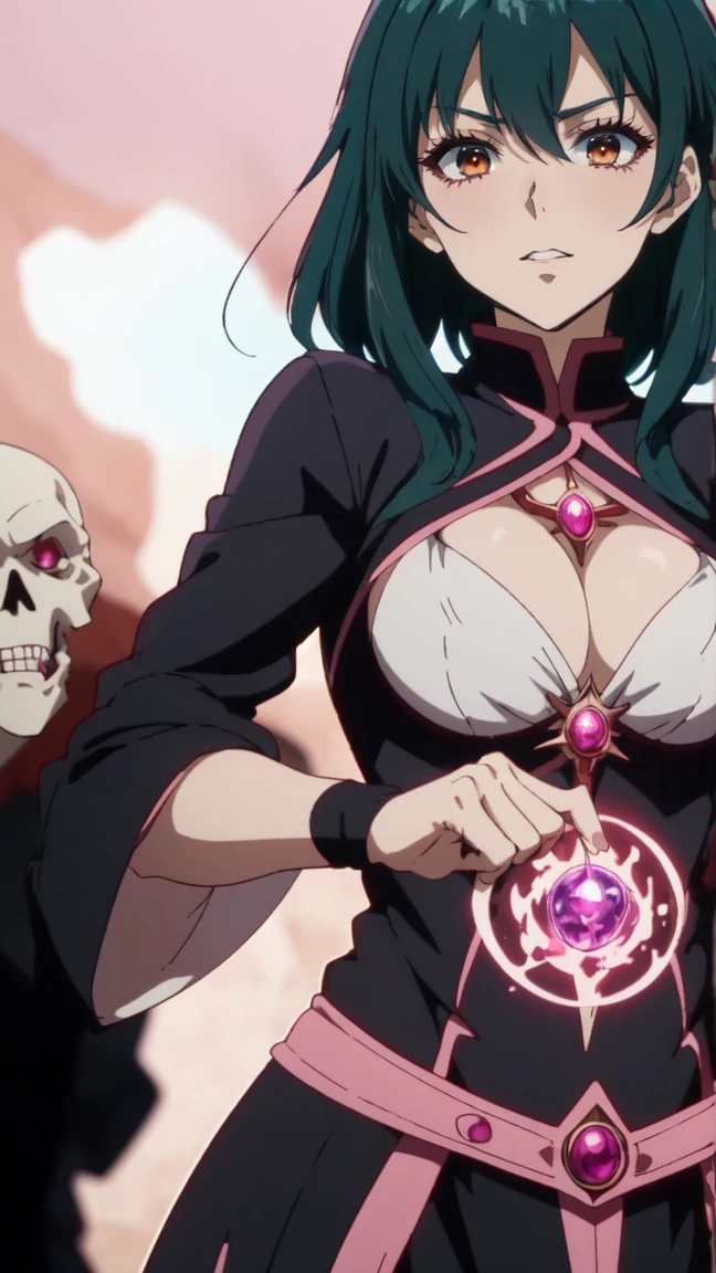 anime screencap, 1 adult girl, dark sorceress witch, magic battle scene, powerful sorcery technique, anime tv, anime fantasy shonen, dark fantasy, magic skill, pink fire skeletons, cellshading: anime cellshading, cellshading technique, anime shonen style, mirada psycho