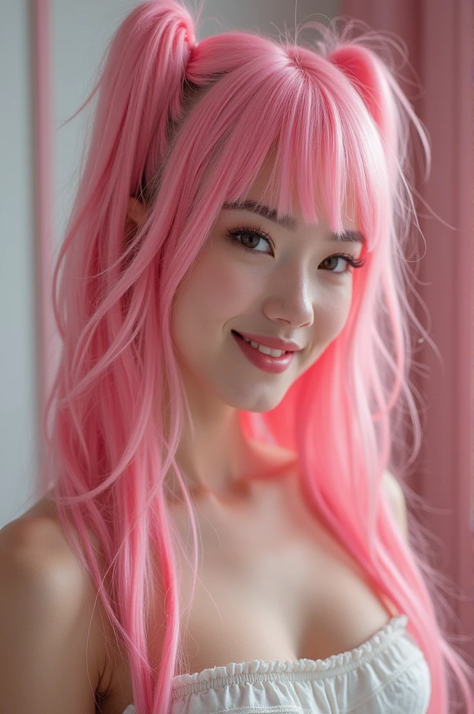 photo realistic, best quality, ultra detailed, masterpiece, Ultra-realistic 8K CG, Perfect Artwork, Realistic, 3D body, cute face, well-featured face, completely nude, 1 girl, , small breasts, beautiful girl, cute girl and idol face, young face, smile, Beautiful long pink hair, twintails, Beautiful red eyes, white skin, Short body, Upper body
