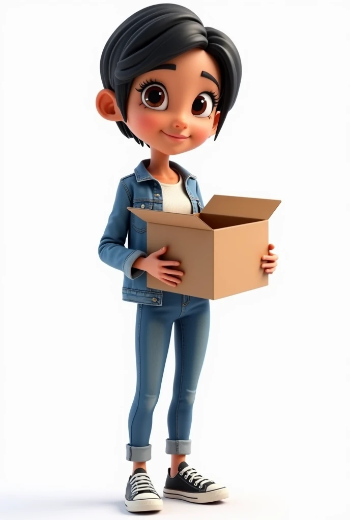 Cartoon 3D, A young woman, with very short hair, smooth and black, olhos grandes e pretos, with a white t-shirt and denim jacket and jeans and wearing all star shoes,  the setting is a white background and she is looking forward with an open box in her hands showing it to the audience
