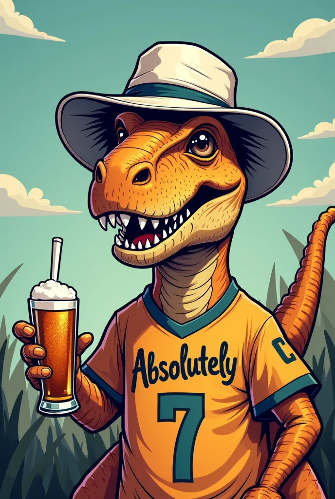 Generate a profile picture from a T-Rex comic style selfie (Dino close to the camera)
With football jersey on ("Absolutely" His name is on the top right of the jersey)
White cowboy hat or bucket hat on the head Beer in the hand More conspicuous hat Dino makes the selfie visibly himself Hat more in the. Picture, so that a round lugo fits on it