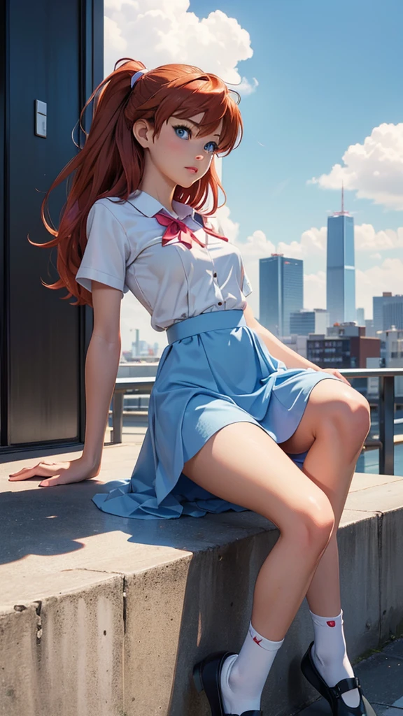 (masterpiece, best quality, detailed, 1girl), Asuka Langley soryu, neon genesis evangelion anime, beautiful girl, German nationality, dressed in her blue school uniform, white shirt, blue dress, pink panties, white socks, black shoes, beautiful detailed eyes, beautiful detailed lips, extremely detailed face, beautiful skin, young, slender body, small and beautiful buttocks, toned abdomen, small and beautiful breasts, sensual, Eva 03 in the background, city buildings in the background, dramatic background, clouds, Tokyo skyline, el viento sopla muy fuerte, sensual pose, sun shining, dramatic lighting, sensual expression, full body view, classic hairstyle, bright red hair color, (realistic, photorealistic, photo-realistic:1.37), (ultra-detailed, vivid colors, sharp focus:1.2)