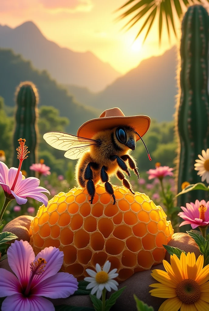 The bee must wear a sun-worn leather cowboy hat, must convey sympathy. Her wings, are open, transmitting serenity. The bee is on top of the honeycomb . The setting is a majestic range of green mountains, shrouded in a soft mist, with the sun rising and painting the sky in shades of orange and pink. Vibrant Wildflowers - Purple Orchids, white daisies, pink hibiscus and yellow canaries - punctuate the scene. An imposing carnauba palm and a robust cactus, symbols of the backlands, complete the foreground. Sunlight filtering through the leaves creates patterns of light and shadow on the bee and the flowers. At the base of the image, As palavras "The honey of the backlands in every drop" are written in a handwritten font, inspired by country calligraphy, with a slight drop shadow to highlight the text.