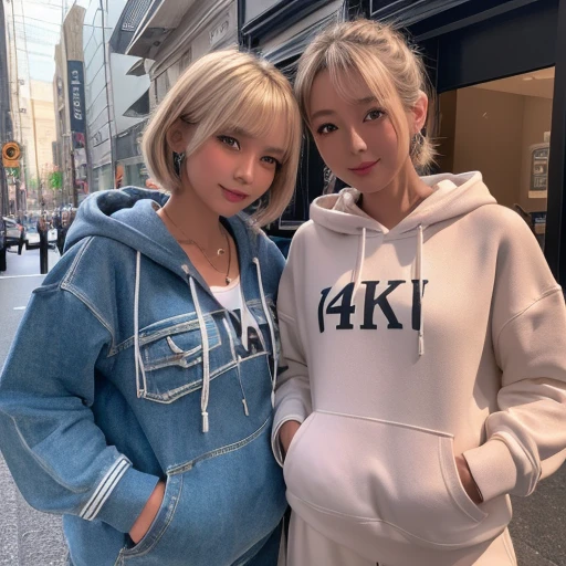 (Highest quality、4K、8k、High resolution、masterpiece:1.2)、Very detailed、(Genuine、Realistic、Realistic:1.3)、bustling street、smile、(Two japanese Girls)、one girl blond shorthair、Ear piercing、、Gal Makeup、Gal Fashion、hoodie、cargo pants、Necklace、Bracelets