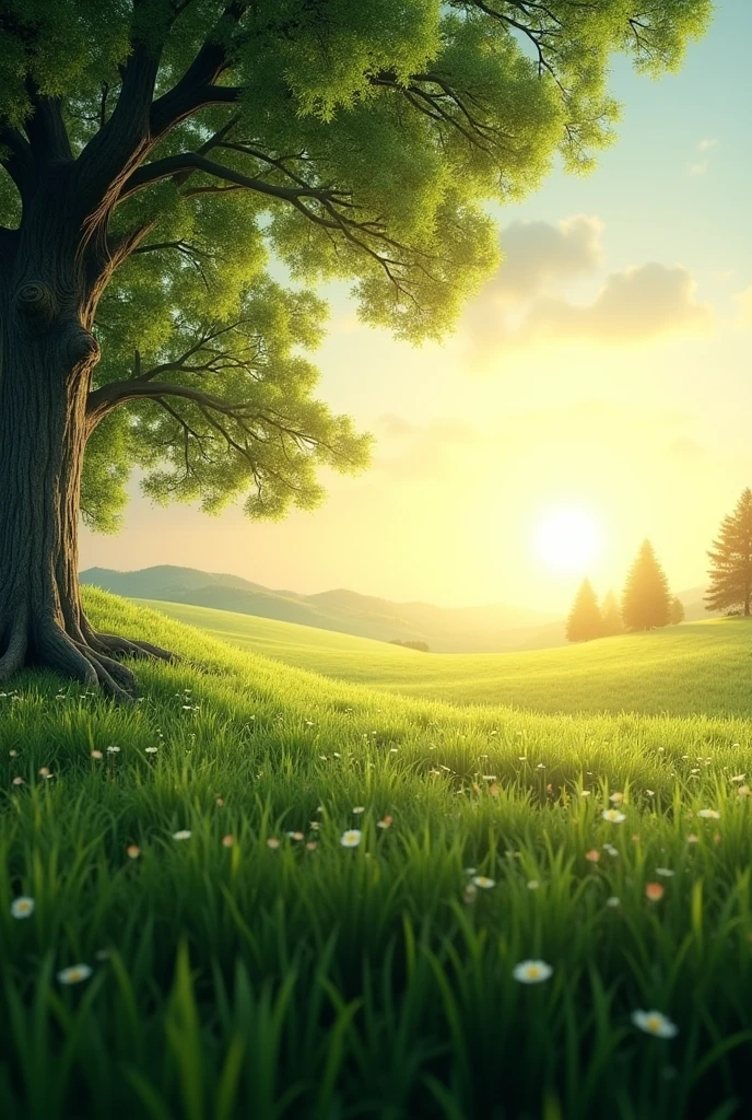 realistic landscape green field with a tree nearby on the left with the sun on the right,