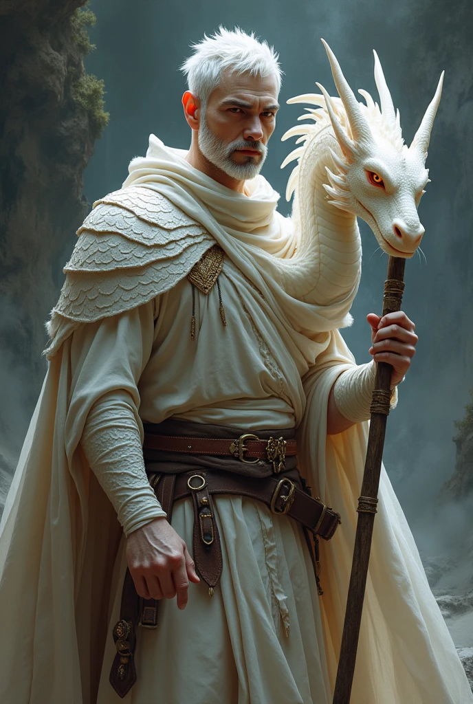 RPG, storm 20 , make a realistic wizard, handsome and young without a beard and with short hair he has white scales with a reddish shine almost invisible. He is holding a white staff shaped like a tiny dragon.. and next to him in the form of a half dragon with scales on his body and claws.