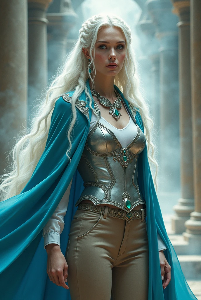 21 years old, beautiful girl, Fleur Delacour，Long silver hair to the waist, Big shiny green eyes, Long eyelashes, Glasses, Cleavage，Long blue cloak, Silver chain with pendant around neck, Background of Beauxbatons, Casting posture
