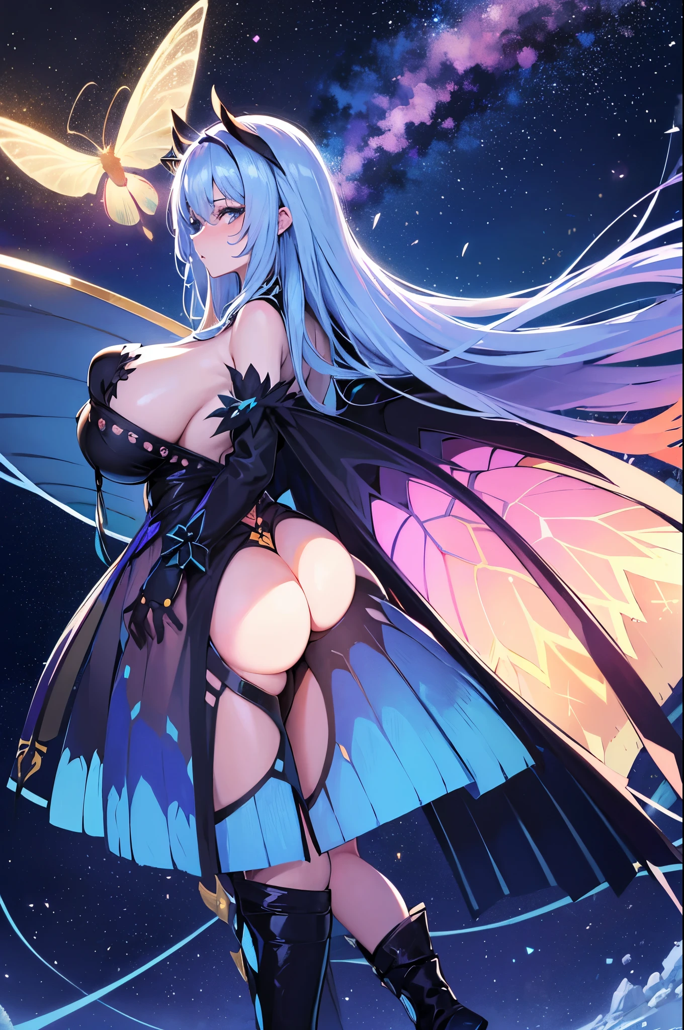 meilleur qualité, Jeune femme papillon, cheveux bleu nuit, Une (gigantesque poitrine:1.4), antenne d'insecte sur la tête, ailes de papillon, Tenue sexy, dans Une nuit étoilée