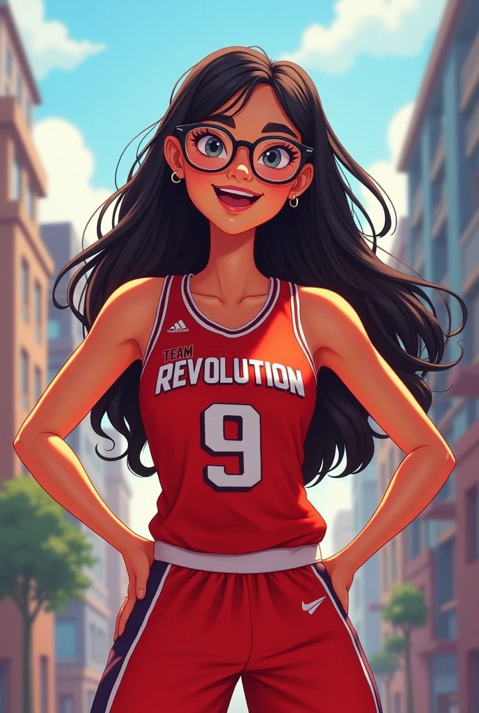 Cartoon of young woman with long hair wearing glasses, basketball jersey, red number 9, team revolution