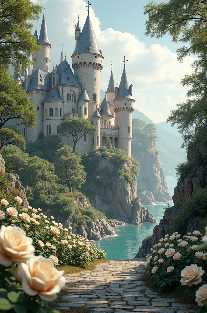 Create an image of a castle full of white roses and a medieval and elegant style.