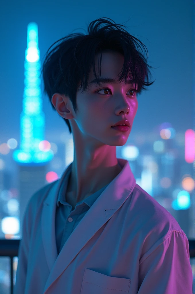 create an image of a japanese man with black hair, smooth ass, 小柄, with bangs youthful appearance, light skin tone, brown dark eyes. standing showing the whole body, on a background with Tokyo buildings in neon blue colors