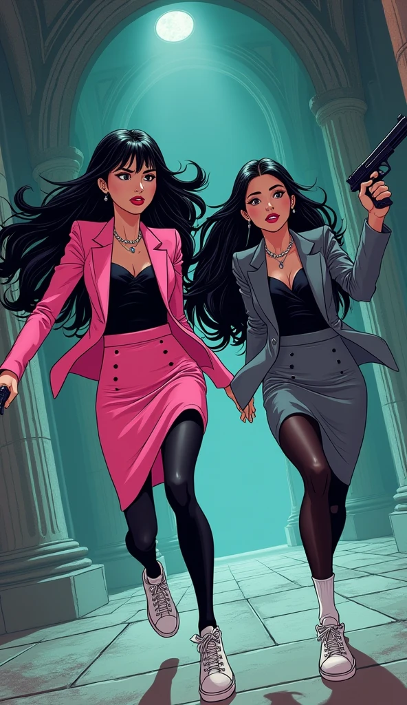 Two womens long black hairs, yuri,
(The first women wear a pink suit, black shirt, pink pencil skirt, black underpants, black tights, white socks, white sneakers)
(The second women wore a grey suit, black shirt, grey pencil skirt, black underpants, black tights, white socks, white sneakers)
holding a handguns, running inside the castle, escape vampire, cartoon novel, 4K, HD