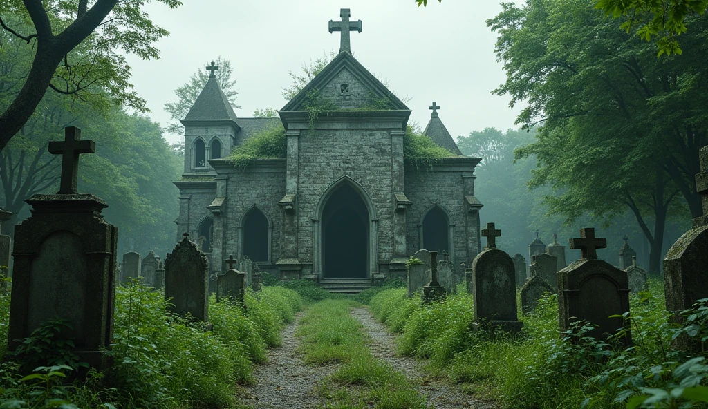 Photograph of an apocalyptic church, desolate and overrun by nature, in stone grey and leaf green color palette, set against a backdrop of overgrown graves --ar 16:9