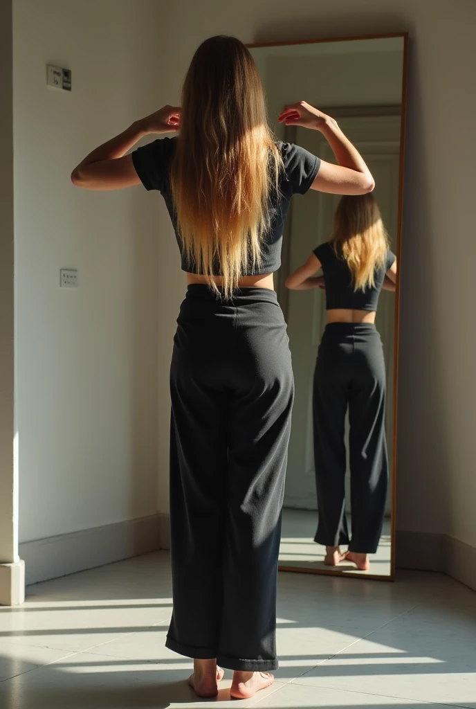 long hair woman wearing t-shirt and pant practicing dance in front of mirror full length show face