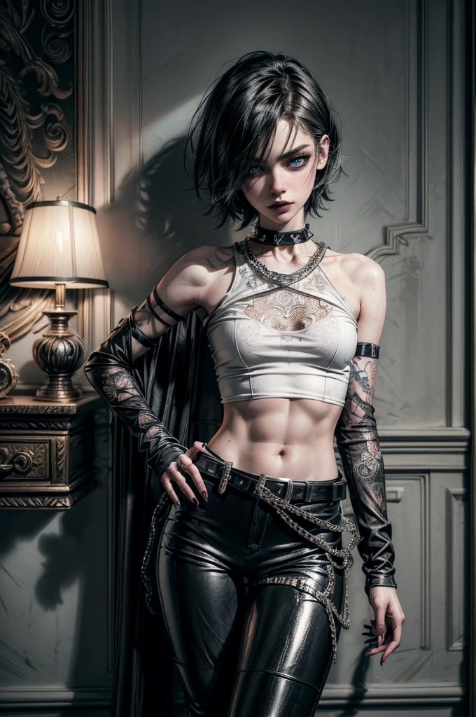 (Detailed illustrations, Very detailed and detailed drawing, Delicate lines with slow and rapid, Realistic texture expression), One woman with very short white hair with black tips, ( emo hairstyle, ), goth, pale white skin, evil smirk, (girls bedroom background), dark lighting, cold atmosphere, lore_Emma , blue eyes , dark eyeliner, (ultra dark glossy black lipstick), bored expression, gorgeous face , super cute, 18 years old , hyper detailed face, (super skinny figure , small breast, thin waist), back leaning against wall, one raised arm behind head, slim legs, slim hips, LowriseXL, (ultra low rise wet look shiny leather pants with transparent flower pattern), (mesh shirt with flower pattern under bare shoulder white t-shirt), black choker, vulva tattoo, (white lotus flower in hair), ((flower pattern tattoo)), fingerless leather gloves, (black nail polish), faded tattoo's, ((thigh belt)), ((hip chains)), ((belt hanging on hip)), ((many studded belts))