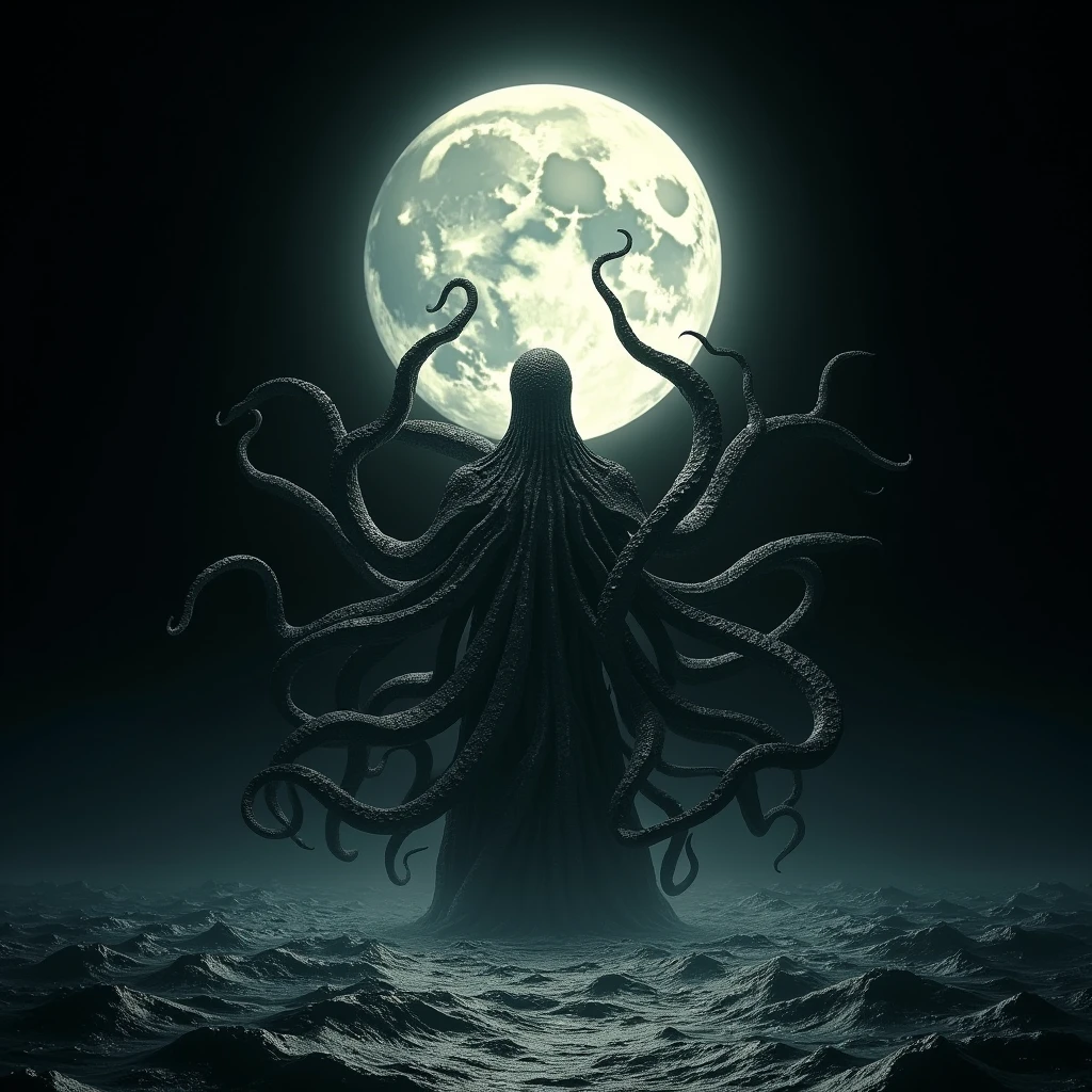 huge full moon above the sea and 6 tentacles of hermaeus mora from skyrim reaching the moon from deep below the sea, arafed view of a moon with a black background, waxing moon, waning moon, halfmoon in space, half moon, crescent moon, moon, shining crescent moon, crescent moon in background, large detailed moon, lunar, the moon, big moon radius, moon background, with the moon out, large moon, lunar horizon, focus on the moon, lunar backdrop, lunar moon below the ocean sea, tentacles reaching from deep down the ocean