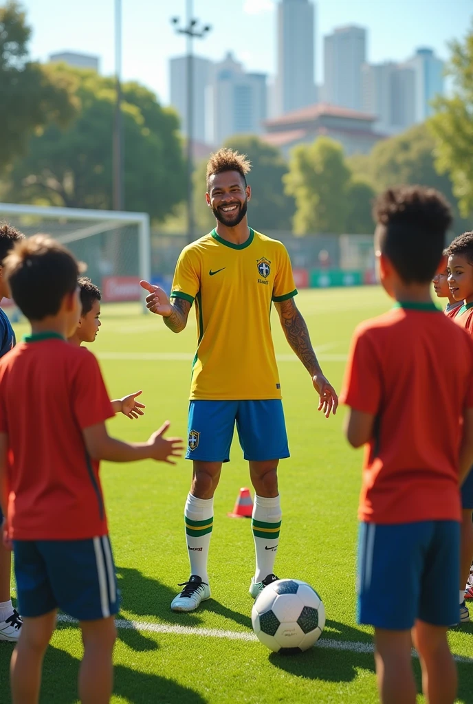 Give me a picture of Neymar visiting a soccer field with kids
