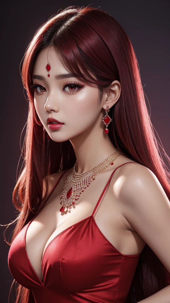 Aria kpop model singer.Wearing Red Colour Transparent Red Frock Diamond Earrings And Necklace Long Hair pink lips.eyeshadow.eyeliner Shes Looking So Hot ..Big Breast.Parfect Body. 4k Ultra Hd Masterpiece image..Fully Realistic Image..