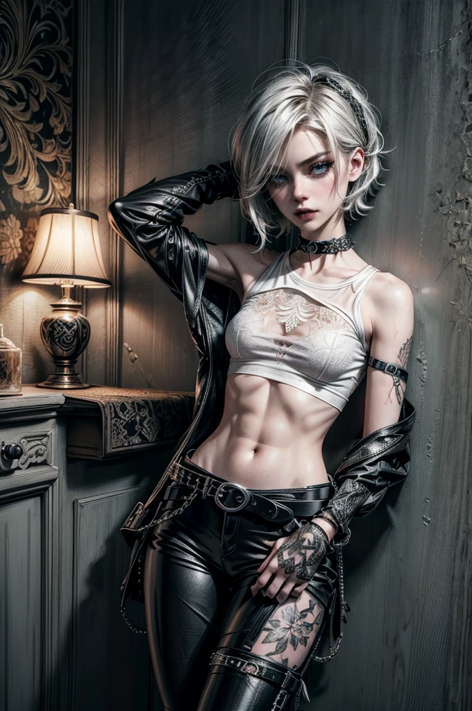 (Detailed illustrations, Very detailed and detailed drawing, Delicate lines with slow and rapid, Realistic texture expression), One woman with very short white hair with black tips, ( emo hairstyle, ), goth, pale white skin, evil smirk, (girls bedroom background), dark lighting, cold atmosphere, lore_Emma , blue eyes , dark eyeliner, (ultra dark glossy black lipstick), bored expression, gorgeous face , super cute, 18 years old , hyper detailed face, (super skinny figure , small breast, thin waist), back leaning against wall, one raised arm behind head, slim legs, slim hips, LowriseXL, (ultra low rise wet look shiny leather pants with transparent flower pattern), (mesh shirt with flower pattern under bare shoulder white t-shirt), black choker, vulva tattoo, (white lotus flower in hair), ((flower pattern tattoo)), fingerless leather gloves, (black nail polish), faded tattoo's, ((thigh belt)), ((hip chains)), ((belt hanging on hip)), ((many studded belts))