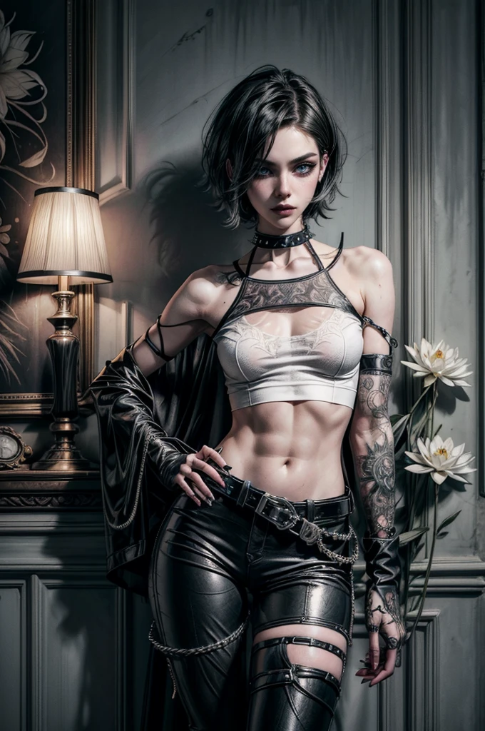 (Detailed illustrations, Very detailed and detailed drawing, Delicate lines with slow and rapid, Realistic texture expression), One woman with very short white hair with black tips, ( emo hairstyle, ), goth, pale white skin, evil smirk, (girls bedroom background), dark lighting, cold atmosphere, lore_Emma , blue eyes , dark eyeliner, (ultra dark glossy black lipstick), bored expression, gorgeous face , super cute, 18 years old , hyper detailed face, (super skinny figure , small breast, thin waist), back leaning against wall, one raised arm behind head, slim legs, slim hips, LowriseXL, (ultra low rise wet look shiny leather pants with transparent flower pattern), (mesh shirt with flower pattern under bare shoulder white t-shirt), black choker, vulva tattoo, (white lotus flower in hair), ((flower pattern tattoo)), fingerless leather gloves, (black nail polish), faded tattoo's, ((thigh belt)), ((hip chains)), ((belt hanging on hip)), ((many studded belts))