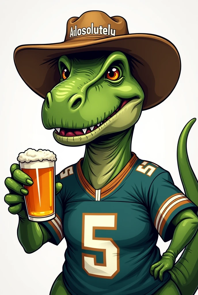 Generate a profile picture from a T-Rex comic style selfie (Dino close to the camera)
With football jersey on ("Absolutely" His name is on the top right of the jersey)
White cowboy hat or bucket hat on the head Beer in the hand More conspicuous hat Dino makes the selfie visibly himself Hat more in the. Picture, so that a round lugo fits on it Exactly, only the dino is green