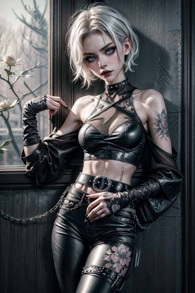 (Detailed illustrations, Very detailed and detailed drawing, Delicate lines with slow and rapid, Realistic texture expression), One woman with very short white hair with black tips, ( emo hairstyle, ), goth, pale white skin, evil smirk, (girls bedroom background), dark lighting, cold atmosphere, lore_Emma , blue eyes , dark eyeliner, (ultra dark glossy black lipstick), bored expression, gorgeous face , super cute, 18 years old , hyper detailed face, (super skinny figure , small breast, thin waist), back leaning against wall, one raised arm behind head, slim legs, slim hips, LowriseXL, (ultra low rise wet look shiny leather pants with transparent flower pattern), (mesh shirt with flower pattern under bare shoulder white t-shirt), black choker, vulva tattoo, (white lotus flower in hair), ((flower pattern tattoo)), fingerless leather gloves, (black nail polish), faded tattoo's, ((thigh belt)), ((hip chains)), ((belt hanging on hip)), ((many studded belts))