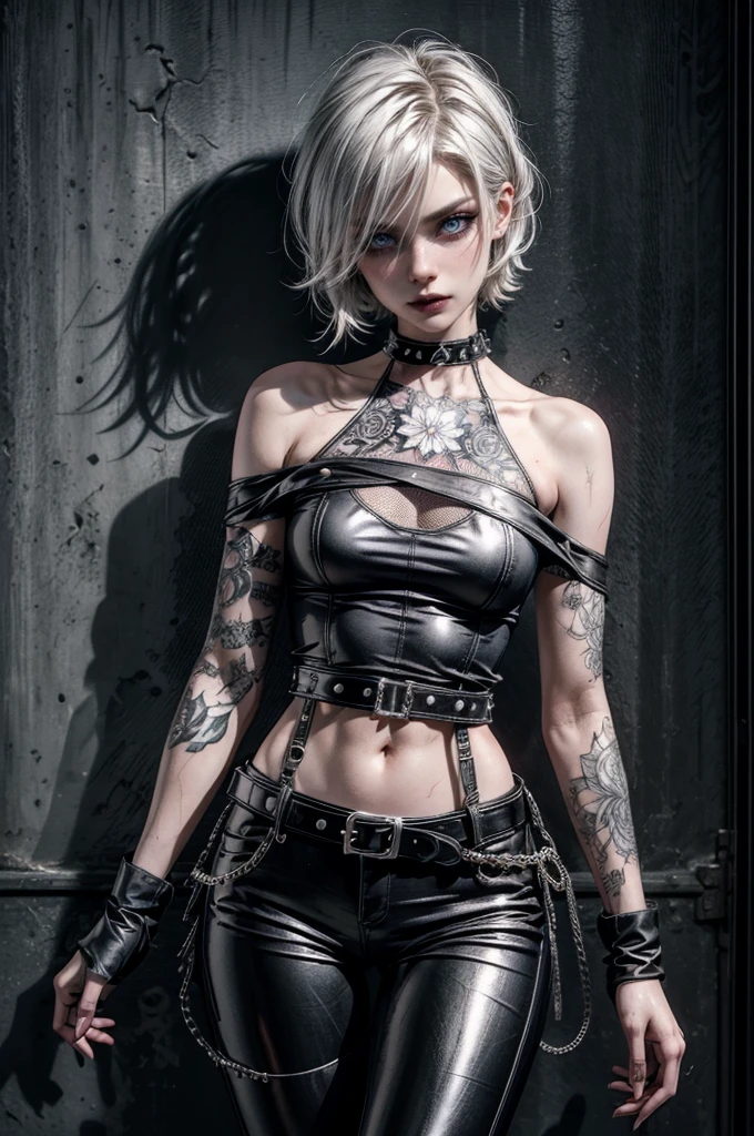 (Detailed illustrations, Very detailed and detailed drawing, Delicate lines with slow and rapid, Realistic texture expression), One woman with very short white hair with black tips, ( emo hairstyle, ), goth, pale white skin, evil smirk, (girls bedroom background), dark lighting, cold atmosphere, lore_Emma , blue eyes , dark eyeliner, (ultra dark glossy black lipstick), bored expression, gorgeous face , super cute, 18 years old , hyper detailed face, (super skinny figure , small breast, thin waist), back leaning against wall, one raised arm behind head, slim legs, slim hips, LowriseXL, (ultra low rise wet look shiny leather pants with transparent flower pattern), (mesh shirt with flower pattern under bare shoulder white t-shirt), black choker, vulva tattoo, (white lotus flower in hair), ((flower pattern tattoo)), fingerless leather gloves, (black nail polish), faded tattoo's, ((thigh belt)), ((hip chains)), ((belt hanging on hip)), ((many studded belts))