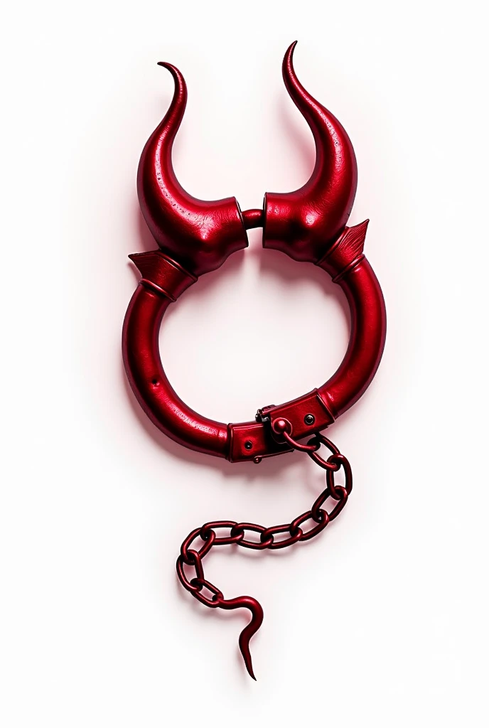 (logo design) sexy evil logo, a sexual striking red handcuff, adorned with demon horns and a sinuous chain tail extending from the base, dynamic and bold, emphasizing a dark theme, glossy finish, high-resolution, creating an impression of sexuality and power. White background. 