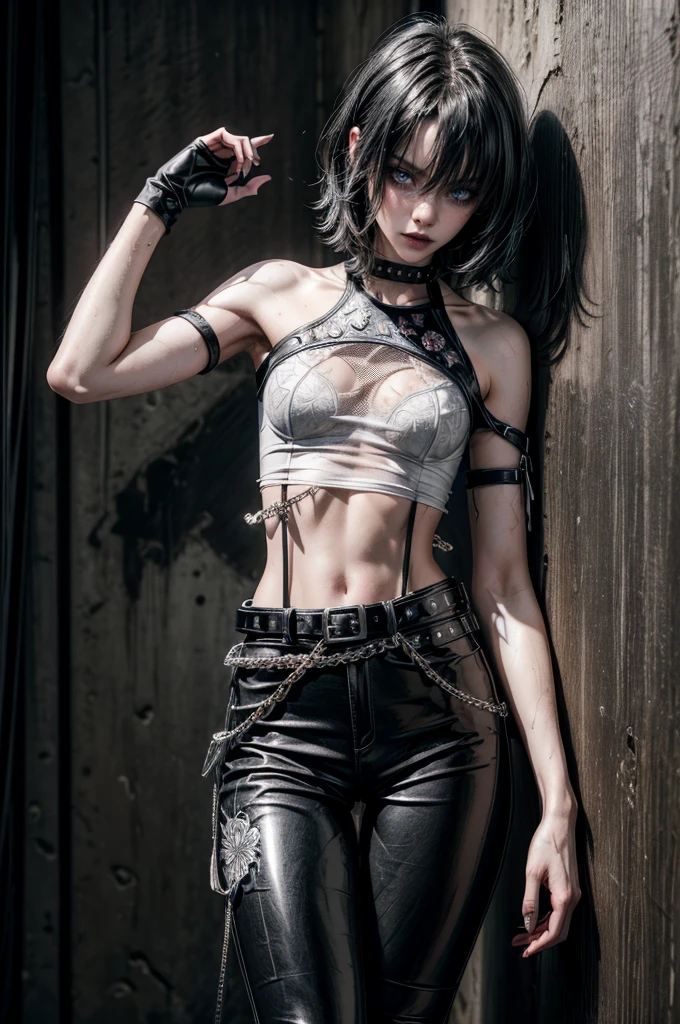 (Detailed illustrations, Very detailed and detailed drawing, Delicate lines with slow and rapid, Realistic texture expression), One woman with very short white hair with black tips, ( emo hairstyle, ), goth, pale white skin, evil smirk, (girls bedroom background), dark lighting, cold atmosphere, lore_Emma , blue eyes , dark eyeliner, (ultra dark glossy black lipstick), bored expression, gorgeous face , super cute, 18 years old , hyper detailed face, (super skinny figure , small breast, thin waist), back leaning against wall, one raised arm behind head, slim legs, slim hips, LowriseXL, (ultra low rise wet look shiny leather pants with transparent flower pattern), (mesh shirt with flower pattern under bare shoulder white t-shirt), black choker, vulva tattoo, (white lotus flower in hair), ((flower pattern tattoo)), fingerless leather gloves, (black nail polish), faded tattoo's, ((thigh belt)), ((hip chains)), ((belt hanging on hip)), ((many studded belts))