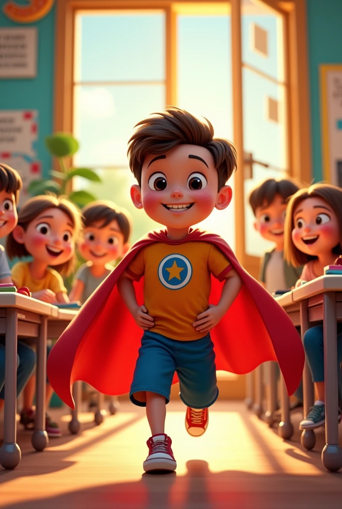 Create an image
Scene 3: School**
*Int. Classroom - Morning*
*Tommy* enters the classroom with a smile, greeted by his friends who admire his superhero cape.
**Friend 1**: "Hey, Captain Kindness! Are you ready to save the day?"
**Tommy**: "Absolutely!"
*Tommy* listens attentively in class, always ready to help his classmates and teachers.