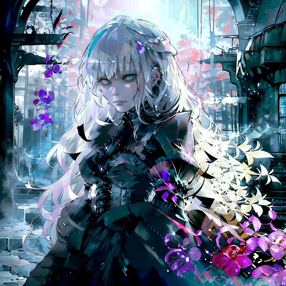 A pale-skinned woman with long, flowing white hair and piercing light blue eyes stands in the shadows, her lips curled into a sinister smile. Her gaze is intense, almost haunting, as if she knows secrets that others dare not speak. She wears a long, flowing black and purple gothic dress that clings to her form, adorned with intricate lace and dark floral patterns. The dress billows slightly around her, adding to the aura of mystery and darkness that surrounds her. The background is a dimly lit, eerie setting, reminiscent of an old, abandoned mansion, with cracked walls and flickering candles. The art style is inspired by Sui Ishida's Tokyo Ghoul, capturing the haunting beauty and dark elegance of the character, with sharp contrasts and a melancholic atmosphere.