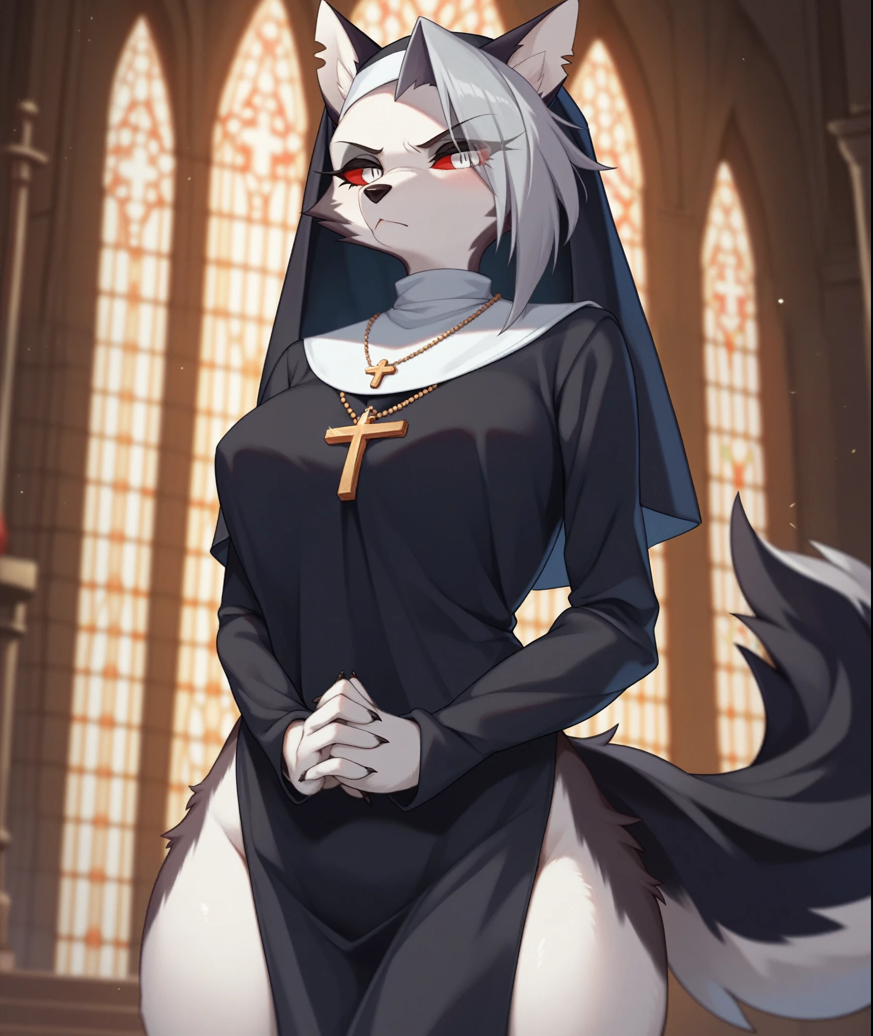 score_9,score_8_up,score_7_up, source_cartoon, kemono style, Anthro furry hellhound, loona from helluva boss, furry body, white eyes, red sclera, tail, she looks serious, wearing nuns outfit, nun hat, nun dress, exposed leg, praying, standing, in a church
