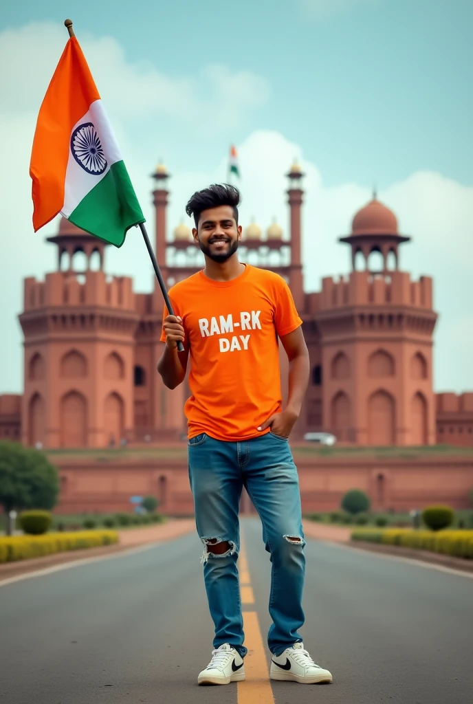 A real 25 years old boy, Wearing Orange T shirt blue jeans sneakers and the name “RAM-RK” is written on his t-shirt and the boy is standing on the road with holding a national flag of India, and behind him is the Red Fort Delhi. And written on sky “Independence Day” Create Realistic image high quality