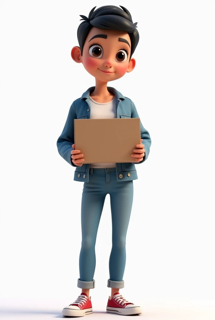 Cartoon 3D, A young woman, with very short hair, smooth and black, olhos grandes e pretos, with a white t-shirt and denim jacket and jeans and wearing all star shoes,  the setting is a white background and she is looking forward with an open box in her hands showing it to the audience
