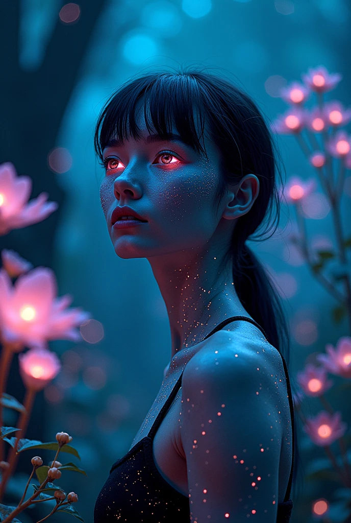 A futuristic, otherworldly woman with luminous, neon black features. Her eyes and hair emit a radiant, dark glow, blending seamlessly with the surrounding environment. The scene is set in an enchanted digital forest, where holographic plants and flowers pulse with a soft, ethereal black light. Her skin is slightly reflective, with shimmering patterns that mimic the constellations. She stands gracefully among the glowing flora, her expression calm and inquisitive, embodying the mystique of a cybernetic fairy in a surreal, neon-lit landscape."