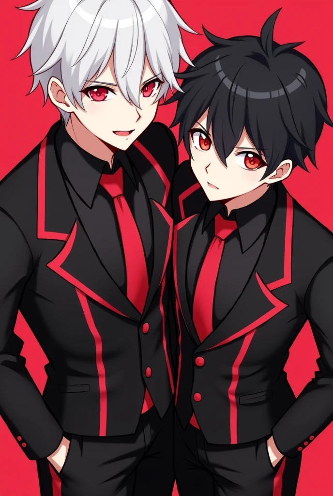 Two anime guys that’s hot looking, one has white hair, red eyes, in a black-red suit, the another has black hair, red eyes, black-red suit.