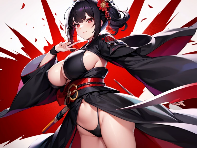 1 girl, standing alone, Japanese clothing, shorth hair, missiles, elsword, eyes black, looking ahead at viewer, kimono, scarlet hair, lips, hand on hip, scabbard, ssmile, katana, scarlet hair, trunk, cloused mouth, scabbarded, hand up black kimono, dark kimono, big boobs, big ass, slim body
