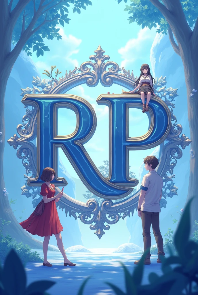 Make a 700 x 700 image with a light blue animated setting with anime and the letters RP centered and large with legendary lettering, do it like an advertising poster 