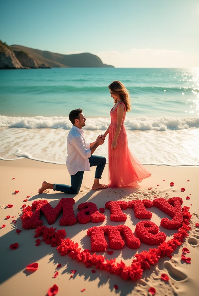 he "Mery me" made with red flowers on the beach