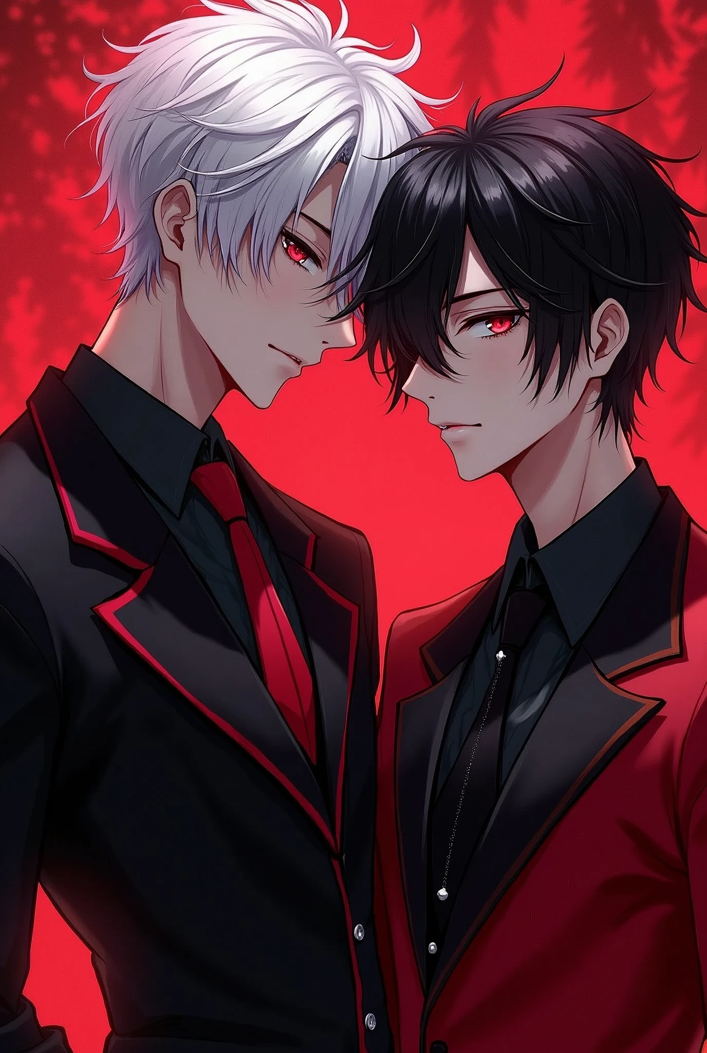 (Male role) Two anime guys, hot looking, one has white hair, red eyes, in a black-red suit, the another has black hair, red eyes, black-red suit.