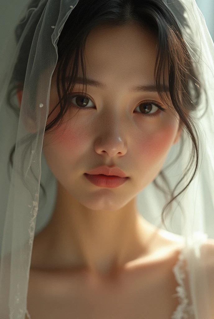 A woman in transparent clothing blushing