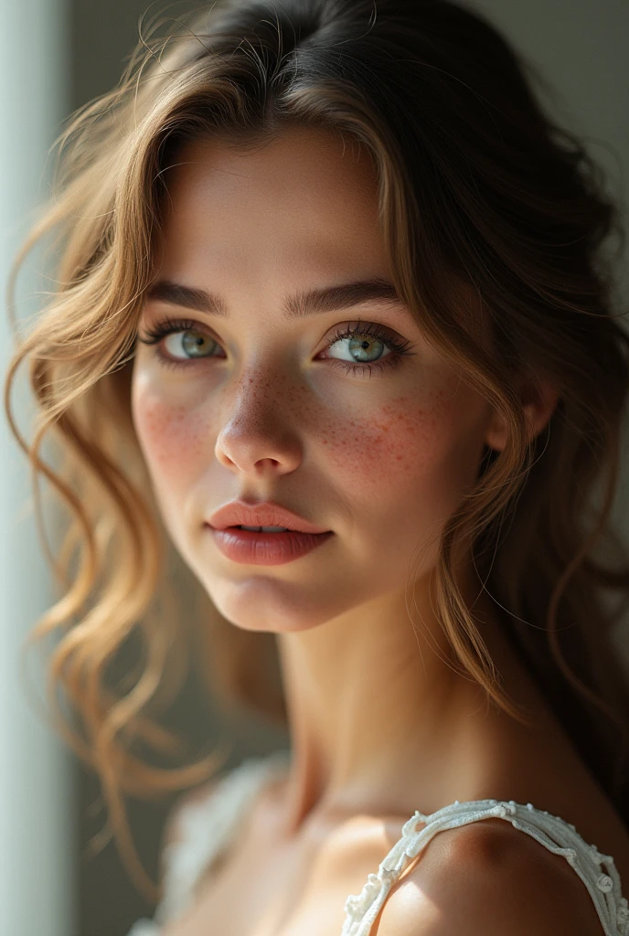(best quality,highres,masterpiece:1.2),Ultra-detail,photorealestic:1.37,portrait,beautiful woman,Curly hairs,freckles,detailled eyes,Detailed Lips,dark blonde hair,bright colours,Soft lighting,Studio environment,female,thoughtful expression,graceful pose,delicate features,subtle make-up,bokeh,shallow depth of field,subtle smile,rosey cheeks,airy feel,artistic composition, (((sfw)))