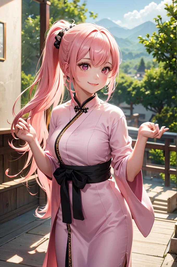 Best Quality,High resolution,8k,finelity detailed background,Masterpiece:1.2),beautiful girl,Shiny pink hair,pony tail,Pink eyes,Gentle look,A refreshing look,smile,Best quality,Best Quality,Aesthetic and aesthetic:1.2,Best details((Super detailed))(High-definition CG illustrations),China dress,Slender body,Japanese garden,smile,blush,cute,Scrounge,Looking up,Being spoiled,super model