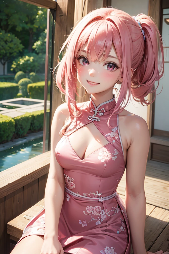 Best Quality,High resolution,8k,finelity detailed background,Masterpiece:1.2),beautiful girl,Shiny pink hair,pony tail,Pink eyes,Gentle look,A refreshing look,smile,Best quality,Best Quality,Aesthetic and aesthetic:1.2,Best details((Super detailed))(High-definition CG illustrations),China dress,Slender body,Japanese garden,smile,blush,cute,Scrounge,Looking up,Being spoiled,super model