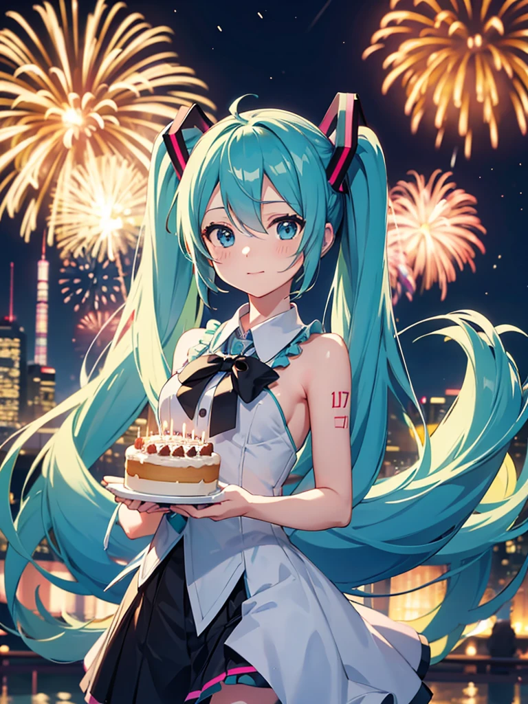 Hatsune Miku holding a birthday cake with a candle with the number 7 on it. Fireworks in the background.