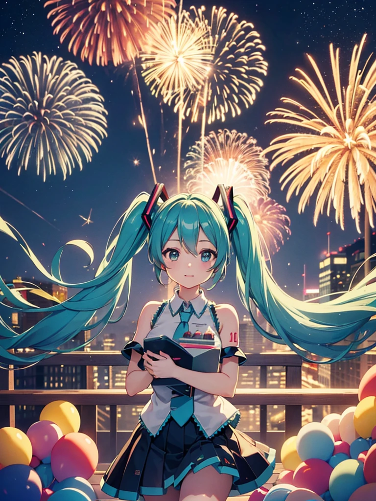 Hatsune Miku holding a birthday cake with a candle with the number 7 on it. Fireworks in the background.