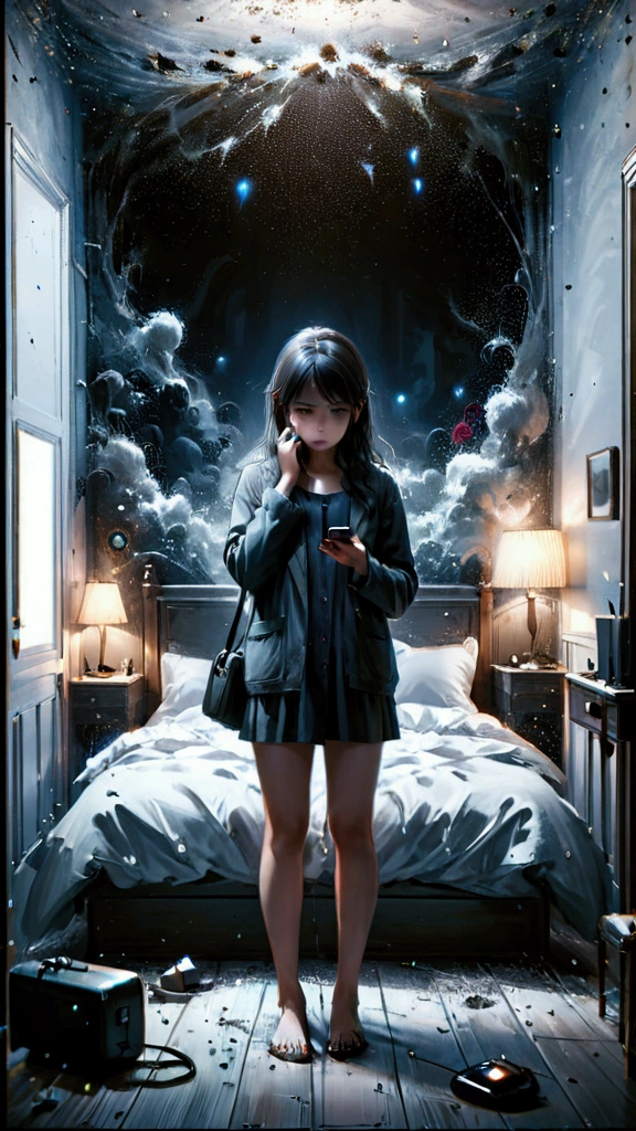 work of art, best qualityer, 1 girl, standing alone, effect, darkness background, night bedroom in a girl answering the phone in bed with a solemn expression