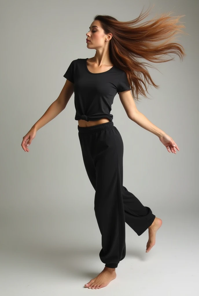 Gorgeous very thin blonde 13 year old trim, dancer model posing for studio photograph. Dramatic side lighting highlights her very lean feminine frame. Perfect feminine form. She's standing against a plain very dark background. No lights or details are visible in the background. Full body with thigh gap